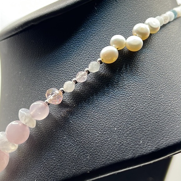 ROSE QUARTZ, MOONSTONE, MORGANITE, PINK AB CRYSTAL, AND STERLING NECKLACE 17” - Picture 4 of 15